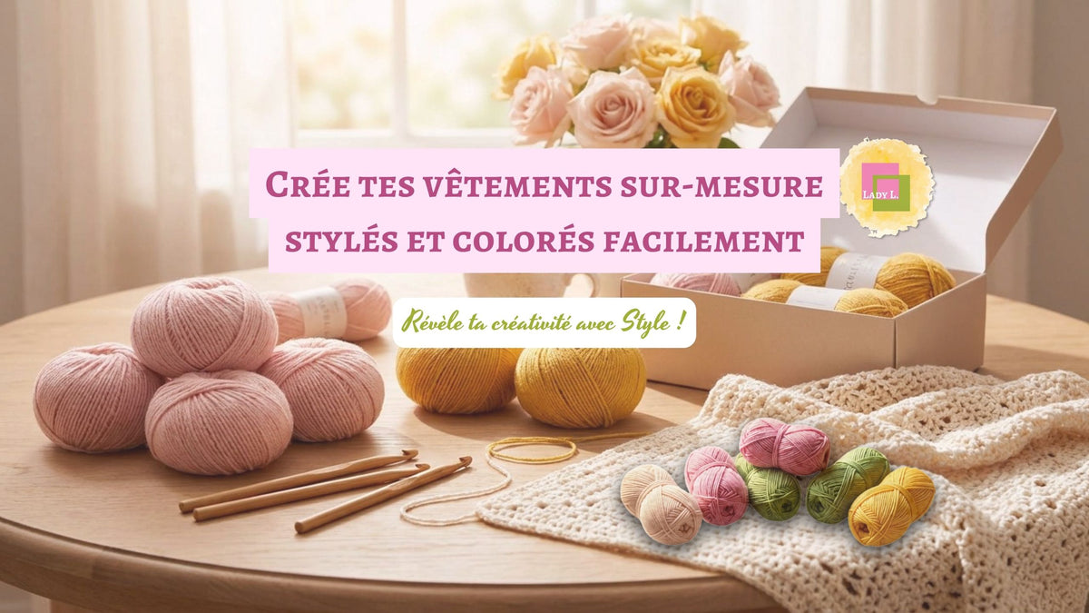 Pelotes de fil et box de crochet avec crochets, présentant le matériel du kit crochet débutant Lady L.