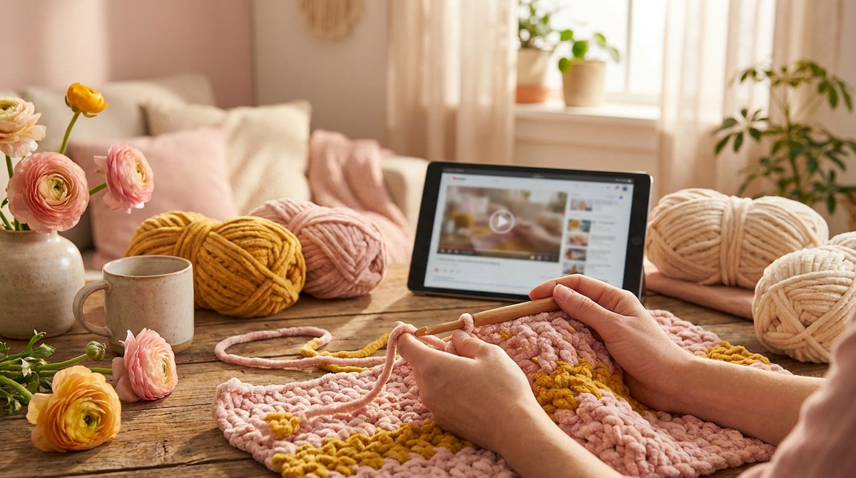 Mains qui crochètent un vêtement 100% coton, tuto vidéo sur tablette — formation crochet débutant Lady L.